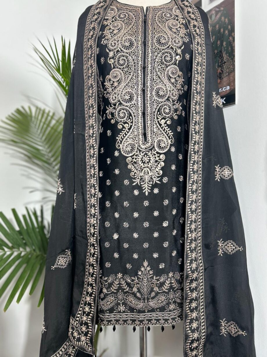  Black Suit (pure chinon fabric ) with dupatta pure silk pant fully stitched  